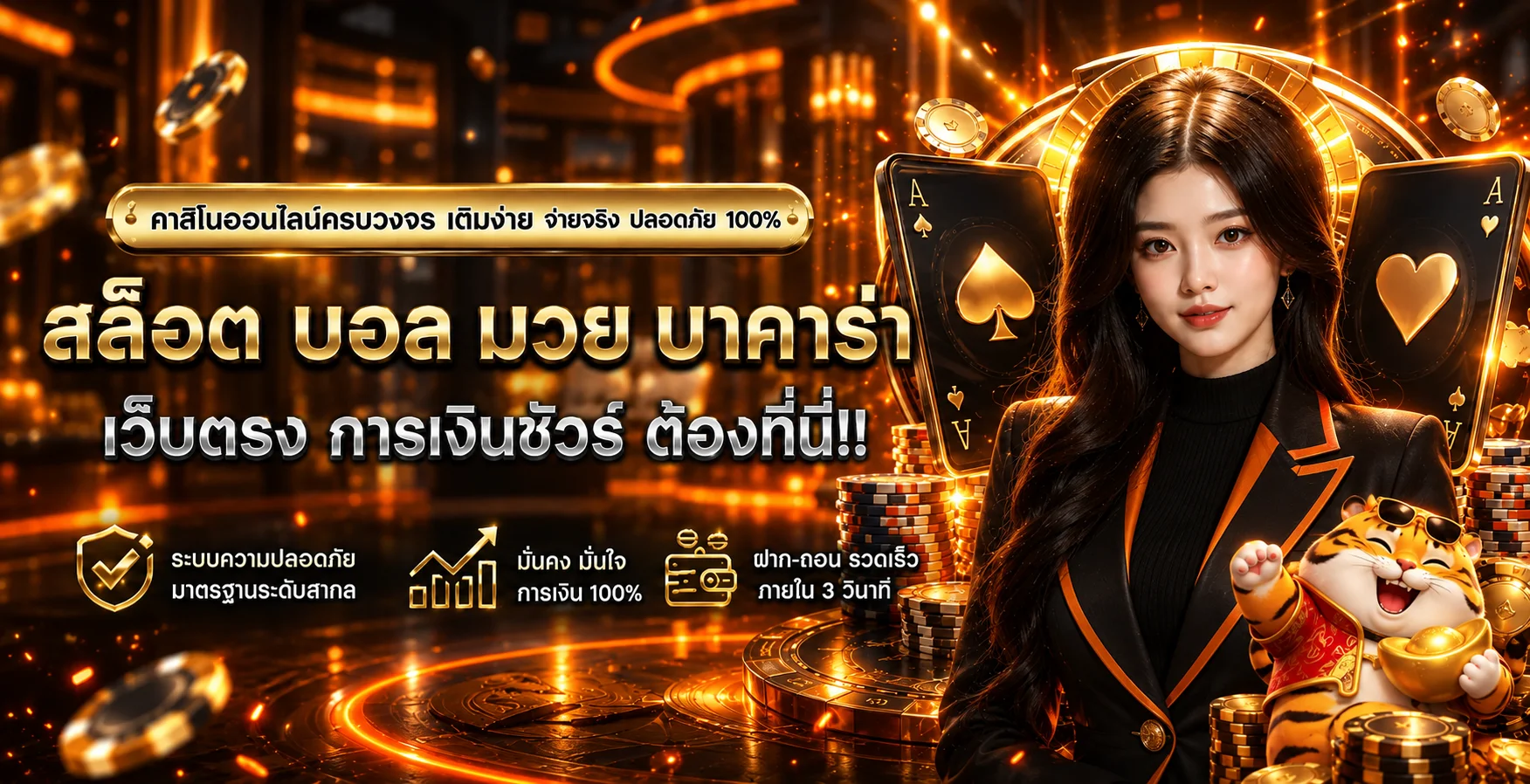 แบนเนอร์คาสิโนโทนส้ม UFAHUNTER พร้อมตัวละคร Fortune Tiger
